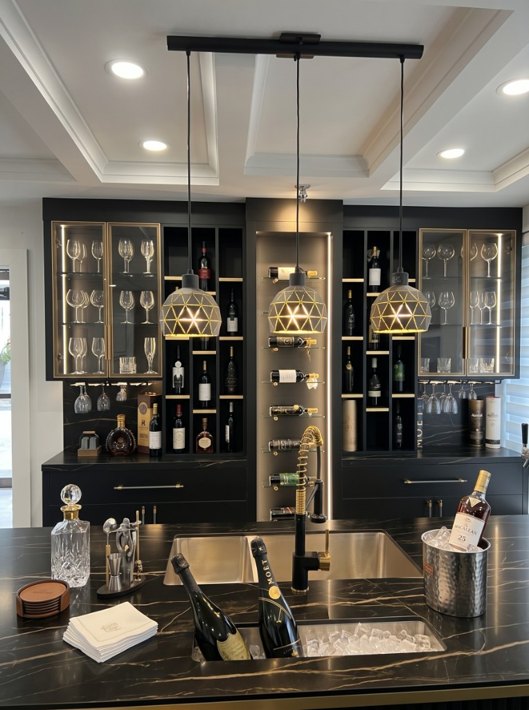 Custom bar with integrated wine storage and stone countertops