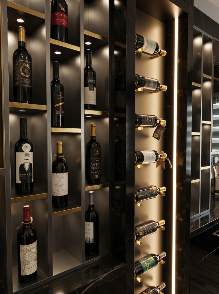 Backlit wine display wall with brass shelving